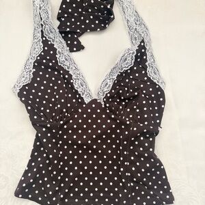 Brown Polka Dot Halter Top with Lace Trim